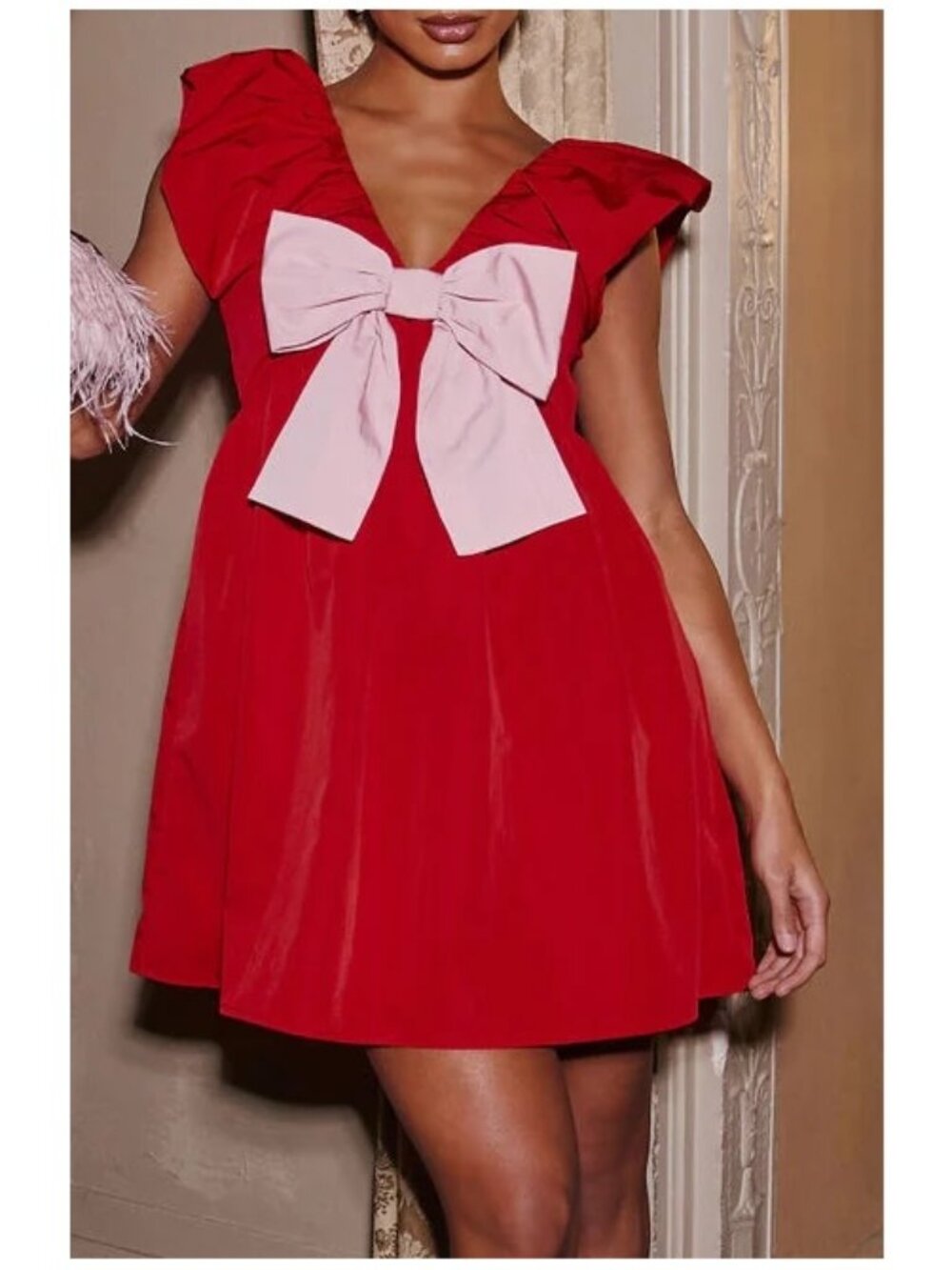 VICI Collection All Wrapped Up Bow Babydoll Mini Dress in Red & Pink